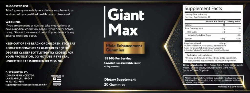 Giant Max supplement label showing premium natural ingredients for male vitality and performance